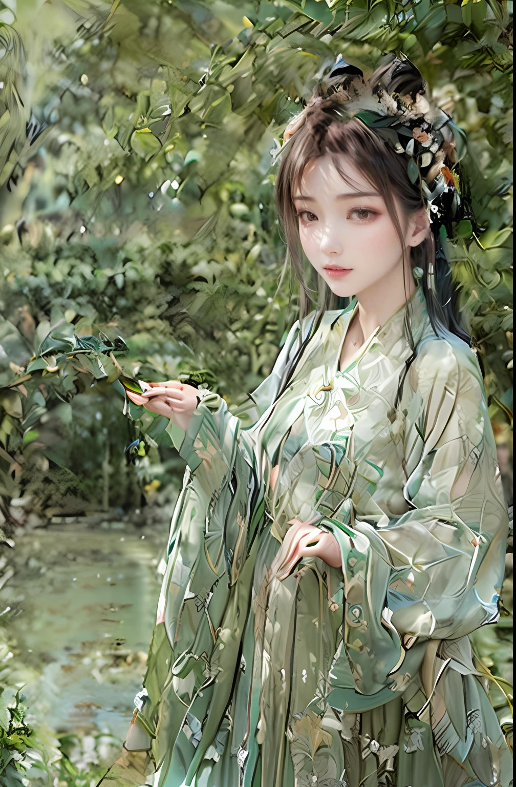An ancient Chinese beauty standing by the river，The scene is，Wearing ancient Chinese clothing，Flowing tulle silk，（Detailed and perfect facial details），（Beautiful and affectionate eyes），Flowing silky hair，Pavilion，Flying birds，The vista is a mound...