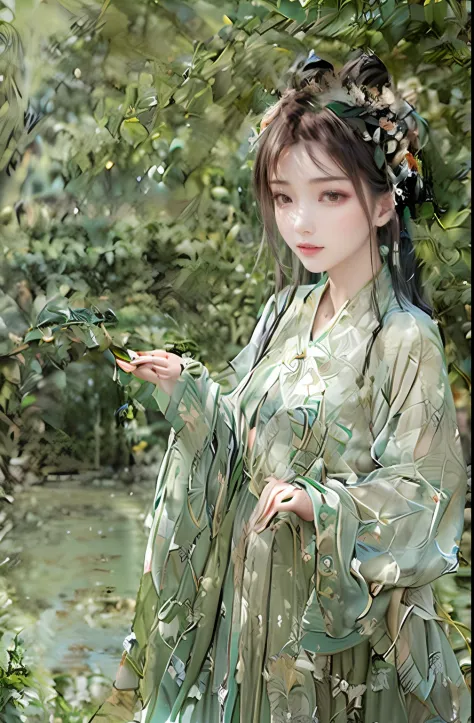 An ancient Chinese beauty standing by the river，中景 the scene is，Wearing ancient Chinese clothing，Flowing tulle silk，（Detailed an...