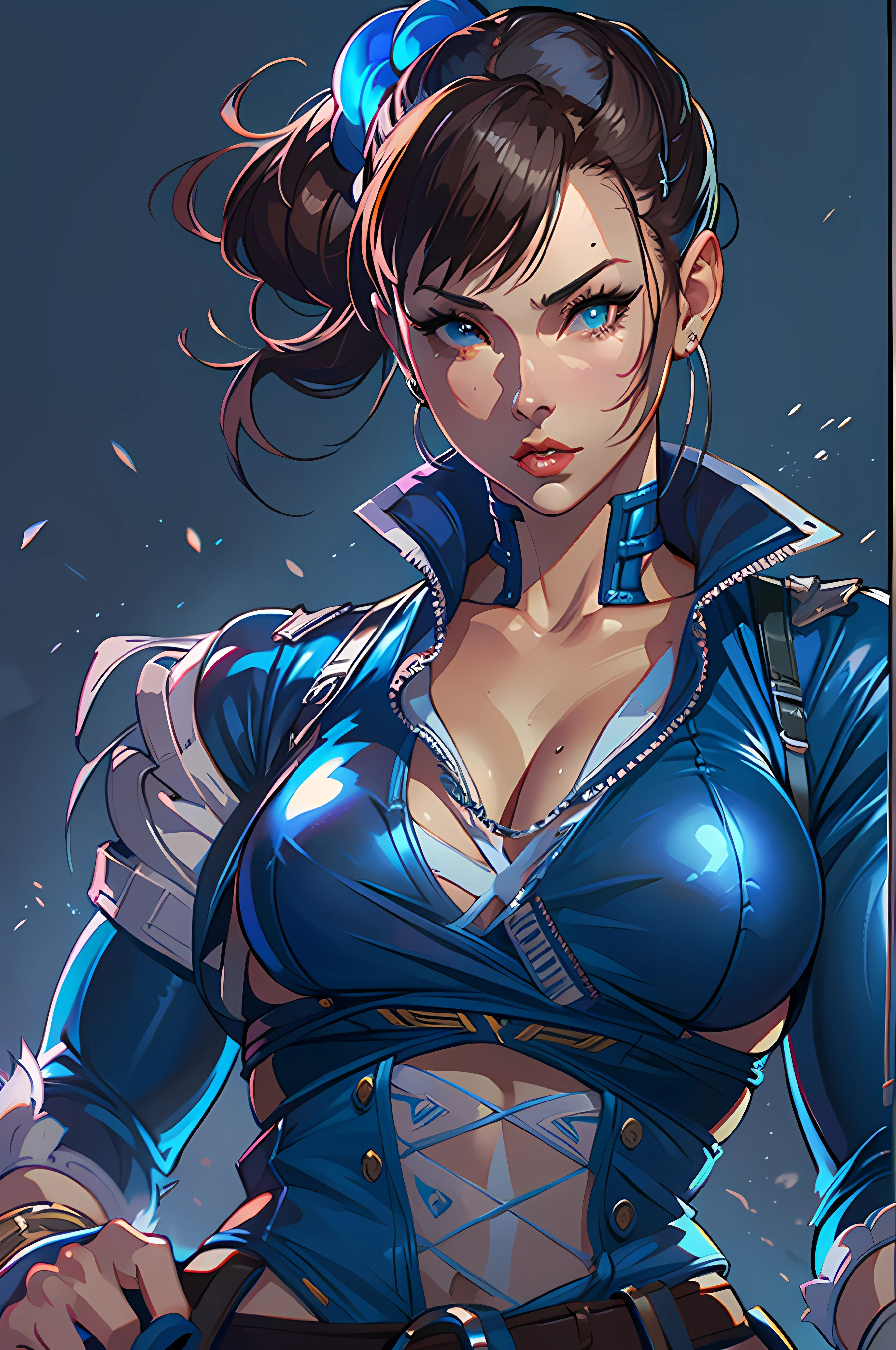 a woman in a blue outfit and boots is posing, character from king of fighters, chun-li, chun - li, chun li, portrait of chun - li, cutesexyrobutts, fighting game character, badass pose, glamorous jill valentine, cammy, as a character in tekken, portrait of chun li, fighter pose, sexy pudica pose gesture