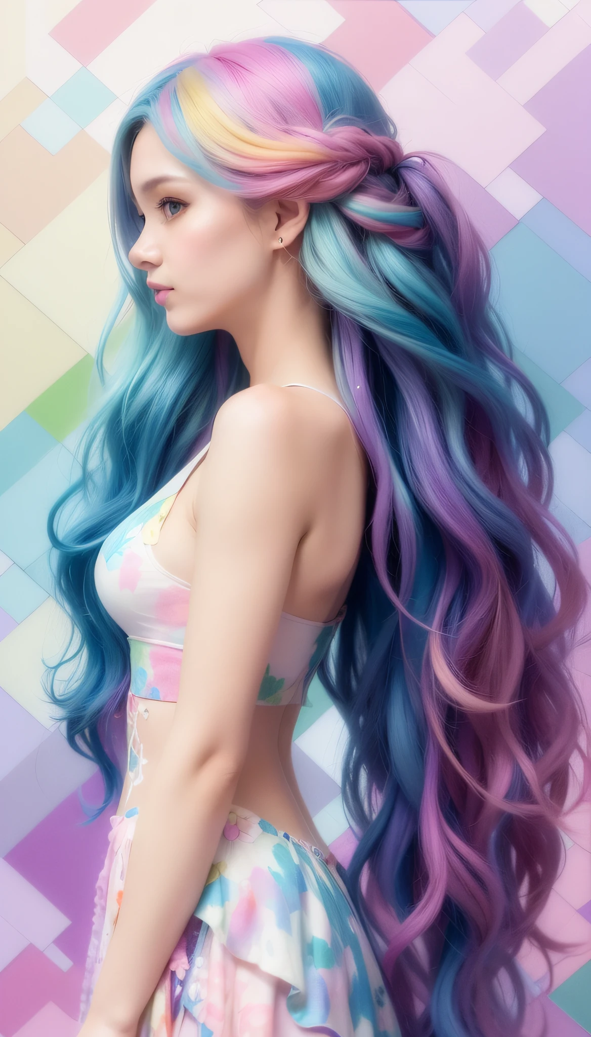 (master part, top-quality, best qualityer,water colour (medium),offcial art, Beautiful and Aesthetic:1.2),(1Women:1.3), (Fractal Art:1.3)fully body, from sideways, Looking at Viewer,patterns,(Rainbow Color Hair,cabelos fullcolors,half blue and half pink hair:1.2),water,liquid, Cloud,fullcolor, starlit,stele,, puzzling, Cheiron Crush, velues, Fisheye, untextured, 100 millimeters, RPG Maker, pastels colors, Vintage Retro, Laser Lighting Show, 8k