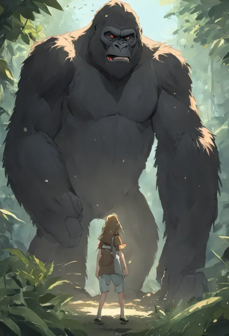 King Kong and beauty，jungles，full bodyesbian，Long-range，of a real，Facial features are carefully depicted，Realistic skin texture，Dark style，depth of fields，high light，Real light，Ray traching，oc rendered，Hyper-realistic，best qualtiy，8K，Works of masters，super...