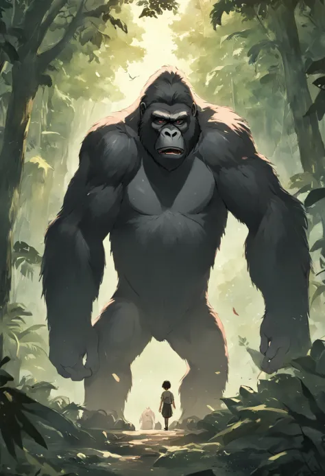 King Kong and beauty，jungles，full bodyesbian，Long-range，of a real，Facial features are carefully depicted，Realistic skin texture，Dark style，depth of fields，high light，Real light，Ray traching，oc rendered，Hyper-realistic，best qualtiy，8K，Works of masters，super...