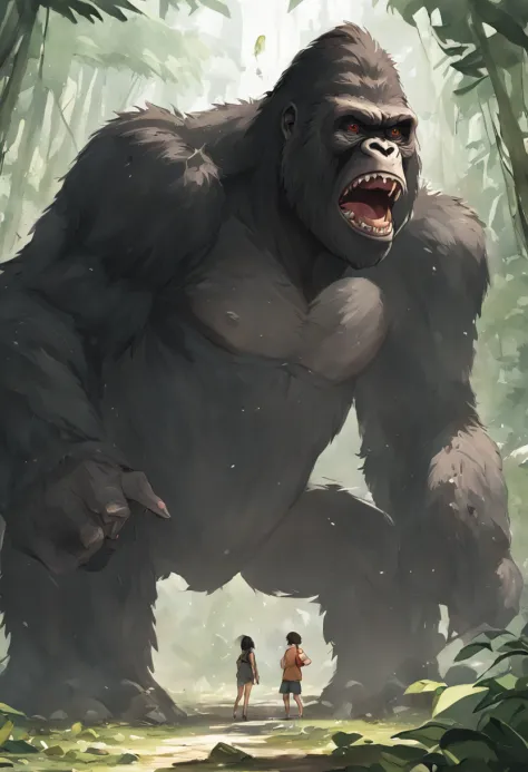 King Kong and dinosaurs fight，jungles，full bodyesbian，Long-range，of a real，Facial features are carefully depicted，Realistic skin texture，Dark style，depth of fields，high light，Real light，Ray traching，oc rendered，Hyper-realistic，best qualtiy，8K，Works of mast...