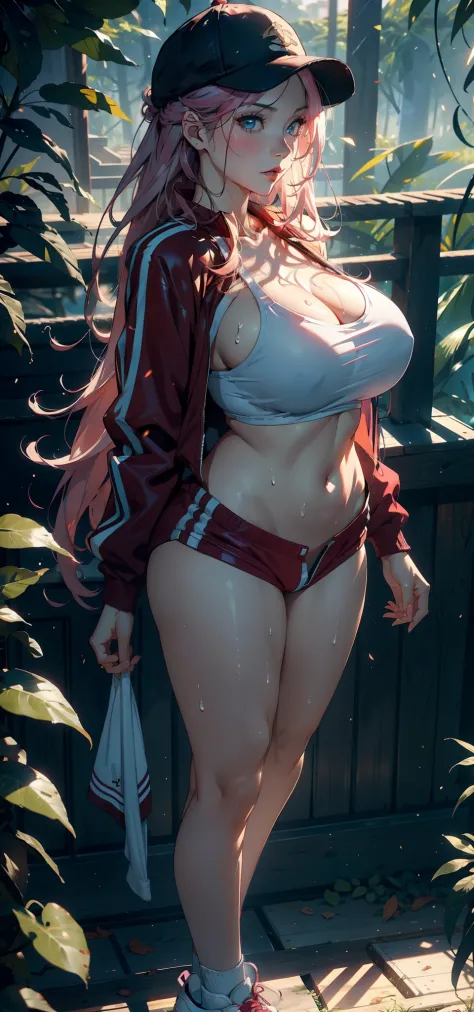 1female，35yo，熟妇，gigantic cleavage breasts，Big breasts Thin waist，long leges，Pornographic exposure， 独奏，（Background with：ln the forest，the rainforest，in summer） She has long pink hair，standing on your feet，Sweat profusely，drenched all over the body，seen from...