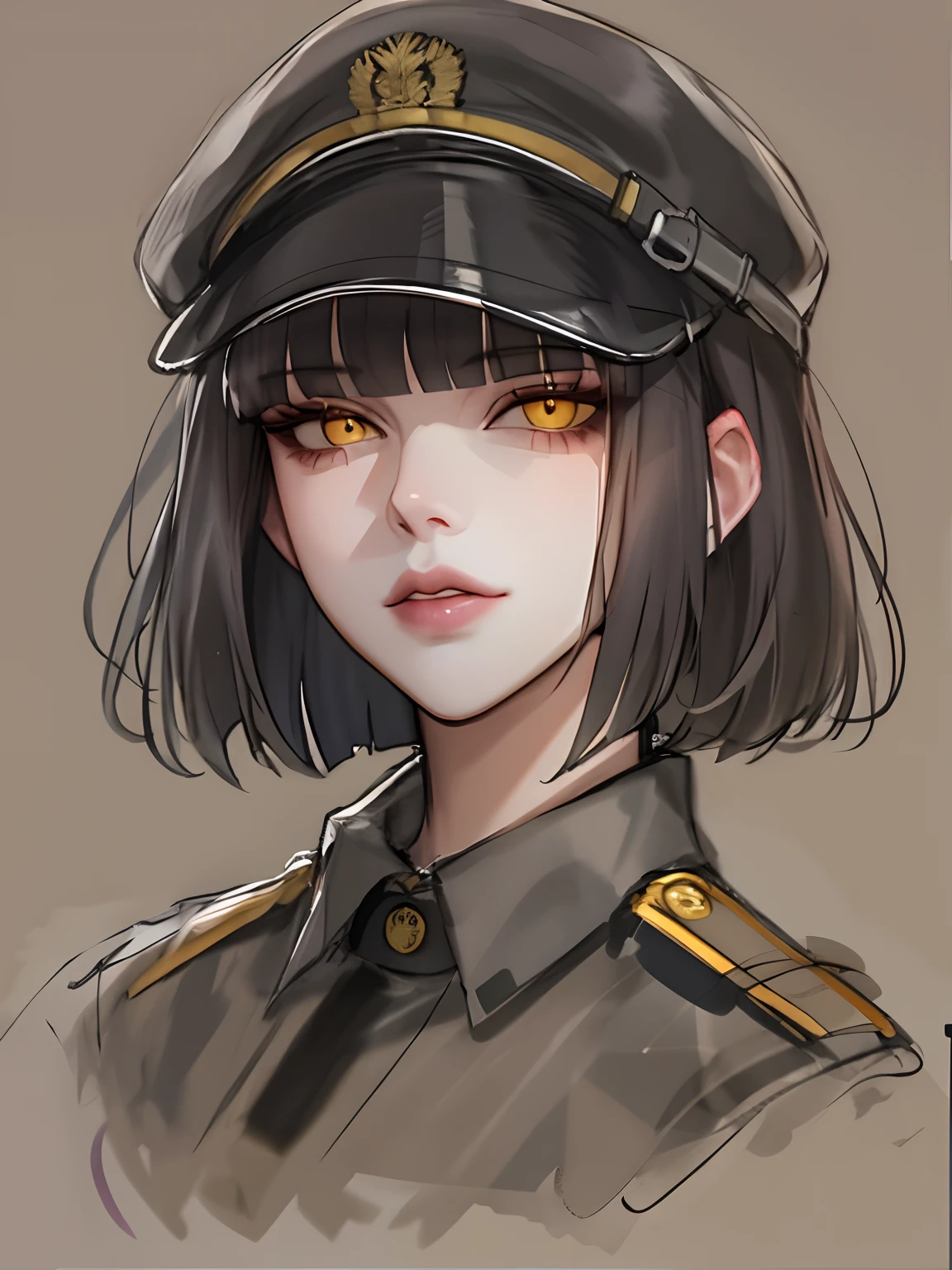 1fille, Vilenie, les yeux jaunes, frange, frange émoussée, coupe au carré, bouche fermée, Lèvres, regarder un spectateur, portrait, Cheveux courts, esquisser, solo, uniforme militaire noir, portrait