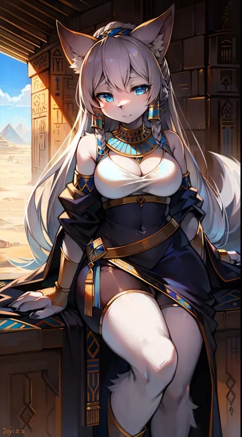 Big-tailed wolf，A desert，Egyptian dress-up，female，Gray hair，blue color eyes，long whitr hair