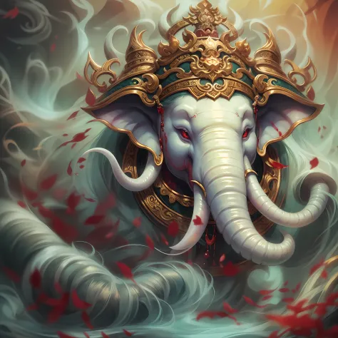 Chinese mythology and stories，Journey，White Jade Elephant King，Jade material，Super elephant head close-up，Front close-up，closeup cleavage，Long, Thick nose，long fangs，tosen，Fierce eyes，Blood，A mouth full of blood，Dripping blood，Puffing，up-close，Sharp focus，...