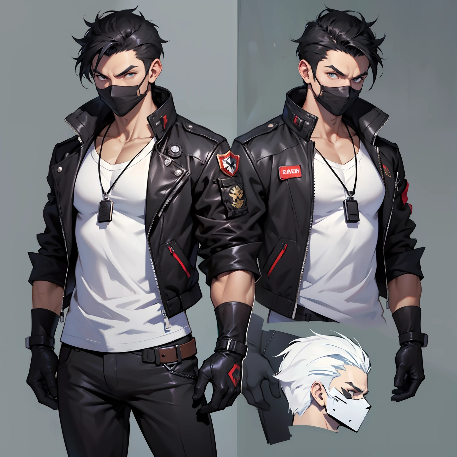 흰 셔츠에 검은 재킷을 입은 남자, 검은 천마스크 , pushed 뒤쪽에 black hair , ((캐릭터 컨셉 아트)), ((캐릭터 디자인 시트, 같은 캐릭터, 앞쪽, 옆, 뒤쪽에)) 메이플스토리 캐릭터 아트, 비디오 게임 캐릭터 디자인, 비디오 게임 캐릭터 디자인, 전문가의 높은 디테일 컨셉 아트, 금속 총알 컨셉 아트, 재미있는 캐릭터 디자인, 검은색 바지 ,그의 입에 검은 마스크 , 흰색 셔츠 위에 검은색 재킷 , 푸시백 이발 , 검은 장갑