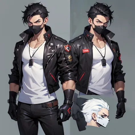 A man with a black jacket over a white shirt, black ClothMask , pushed back black hair , ((character concept art)), ((character ...