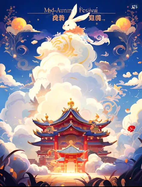 In the center of the picture is a comfortable ancient Chinese building，Cloud Palace has jade rabbits，Rabbit holding mooncake， The huge full moon is behind the clouds, A beautiful artwork illustration, Onmyoji detailed art, ceremonial clouds, Anime Cloud, A...