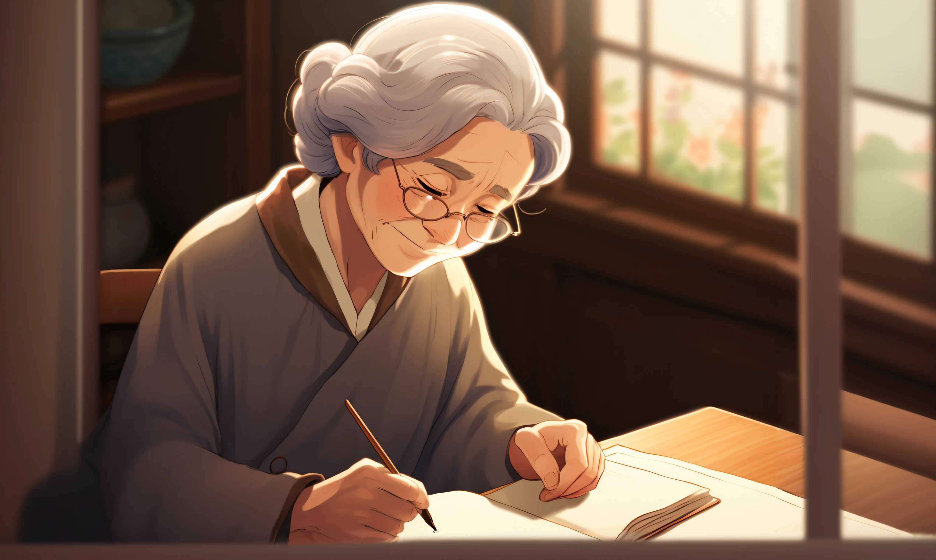 An old woman sitting at a table writing in a book - SeaArt AI