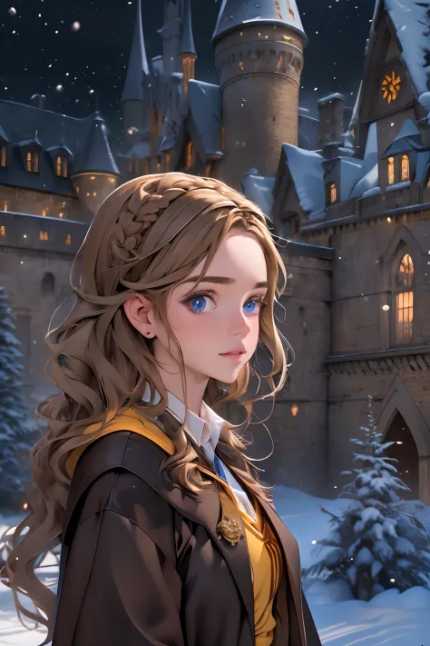 Best quality, masterpiece, Hogwarts student, hufflepuff, long light brown hair, outdoors, castle, winter, blue eyes