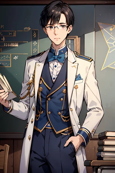 elite school uniform, blue white gold uniform, dark blue pants, white jacket gold buttons, blue accents, young men, 20 years, short black hair, glasses, skinny, light brown eyes, weak, tall, nerd, shy, books in hand, masterpiece, classroom background, scho...