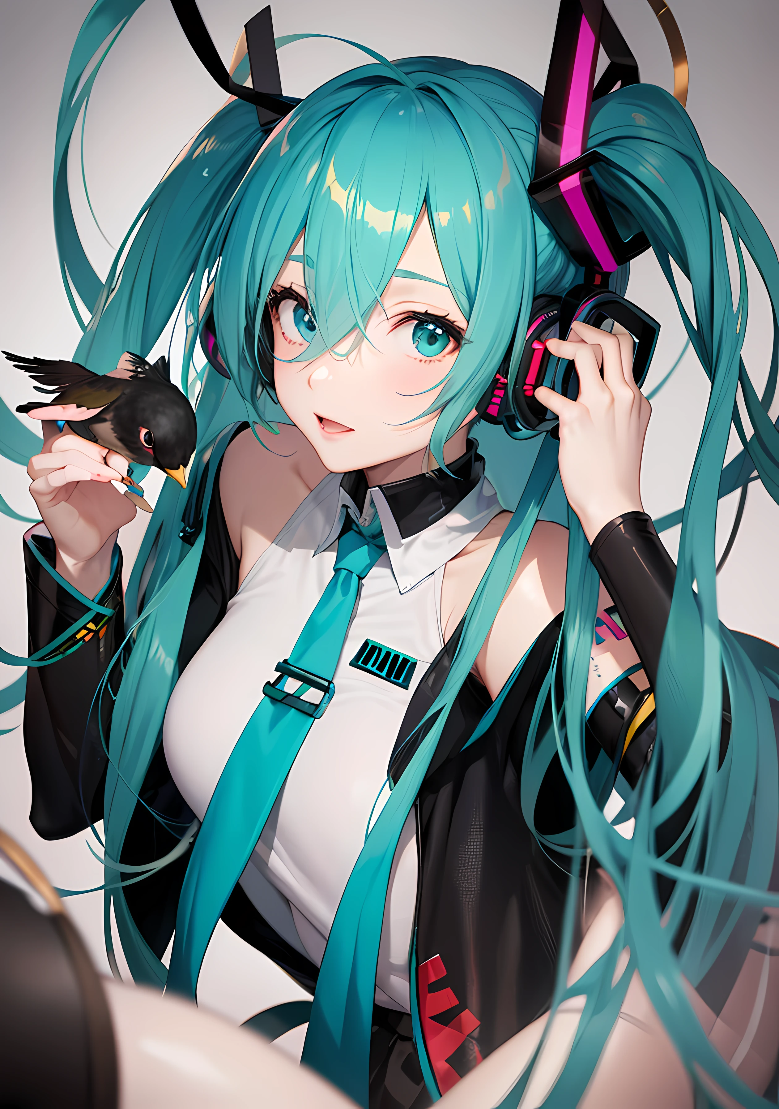 Anime girl with blue hair and a bird on her head, Portrait of Hatsune Miku, Mikudayo, hatsune miku portrait, anime style 4 k, Anime girl with teal hair, Miku, hatsune miku face, VOCALOID, 4k anime wallpaper, Hatsune Miku, anime wallpaper 4 k, anime wallpaper 4k, Anime art wallpaper 8k、Black hair