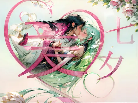 Romantic couple kissing in the wind，Oriental elements，Beautiful transparent man and woman kissing､Beautiful pink roses、transparent feathers､kindly smile､Summer background､Gentle and transparent fairy､WaterColor Paint