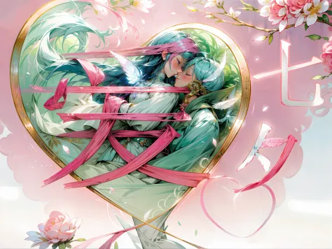 Romantic couple kissing in the wind，Oriental elements，Beautiful transparent man and woman kissing､Beautiful pink roses、transparent feathers､kindly smile､Summer background､Gentle and transparent fairy､WaterColor Paint