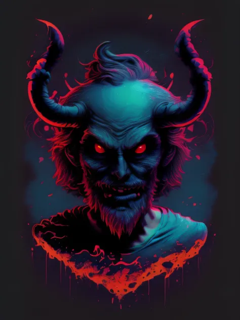 the high detailed t-shirt vector illustration of the appalling face of the Satan, ,frightening, fearsome, t-shirt design, neon red color , dark splash, dark, ghotic, t-shirt design, in the style of Studio Ghibli, pastel tetradic colors, 2D vector art, cute...