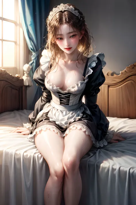 Young maid of one of the nobles、Normal breasts、sweat-wet skin、on the beds、Wide legs open、((Brothels))