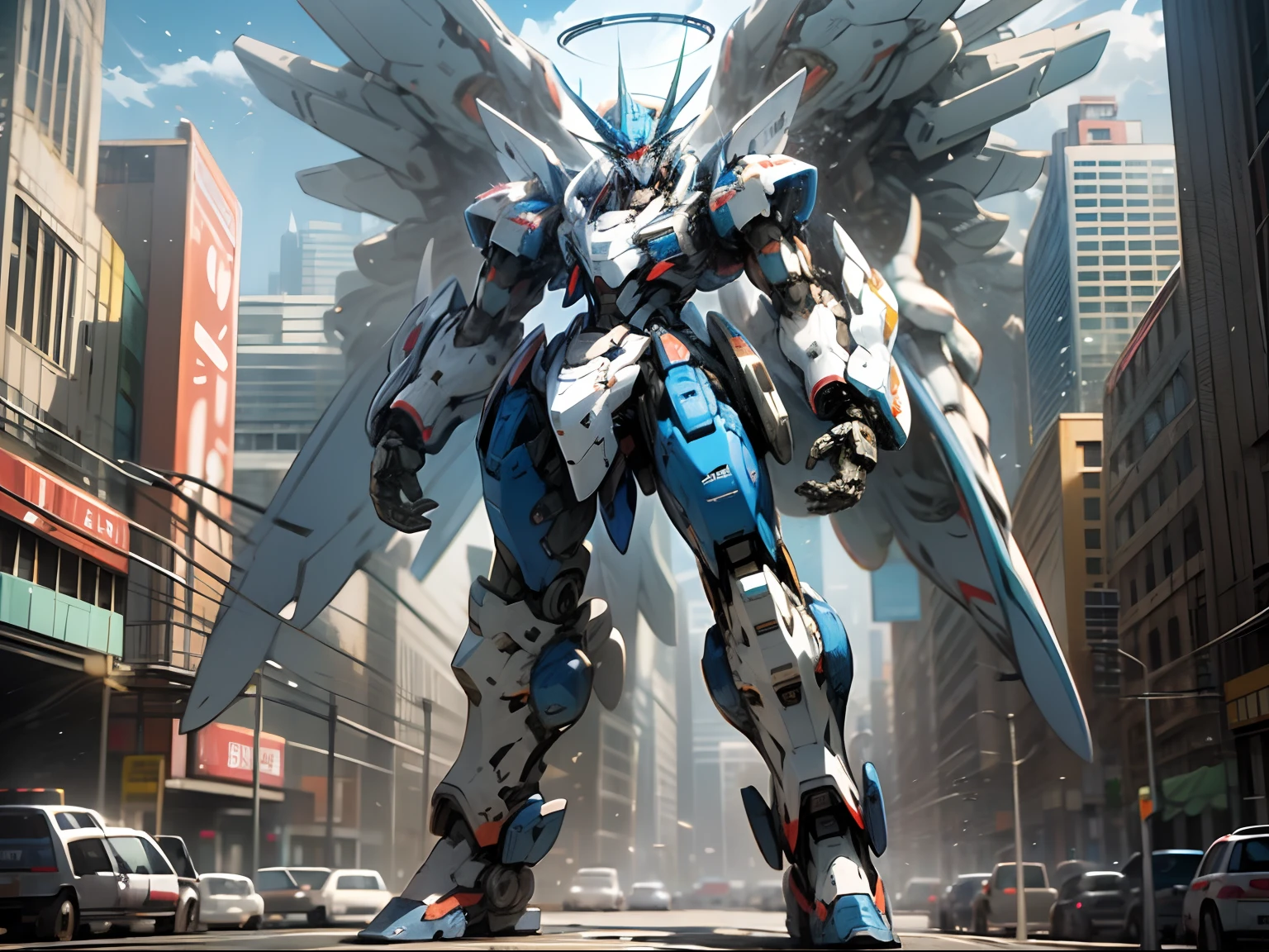 k hd、Best picture quality、ultra - detailed、Beautiful illustrations，Arape robot standing on a city street， Mecha suit, cool mecha style, anime large mecha robot, Full body mecha, mecha anime, Full body blue mech, Blue transparent mask，painterly humanoid mecha, Alexander Ferra Mecha, modern mecha anime, Blue mech, japanese mecha, full body mecha suit，Metal wings，The halo behind it
