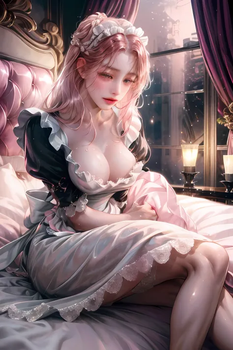 Young maid of one of the nobles、(((Monotone maid clothes)))Normal breasts、sweat-wet skin、on the beds、Wide legs open、((Brothels))、(((Pink lighting)))