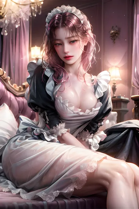 Young maid of one of the nobles、(((Monotone maid clothes)))Normal breasts、sweat-wet skin、on the beds、Wide legs open、((Brothels))、(((Pink lighting)))
