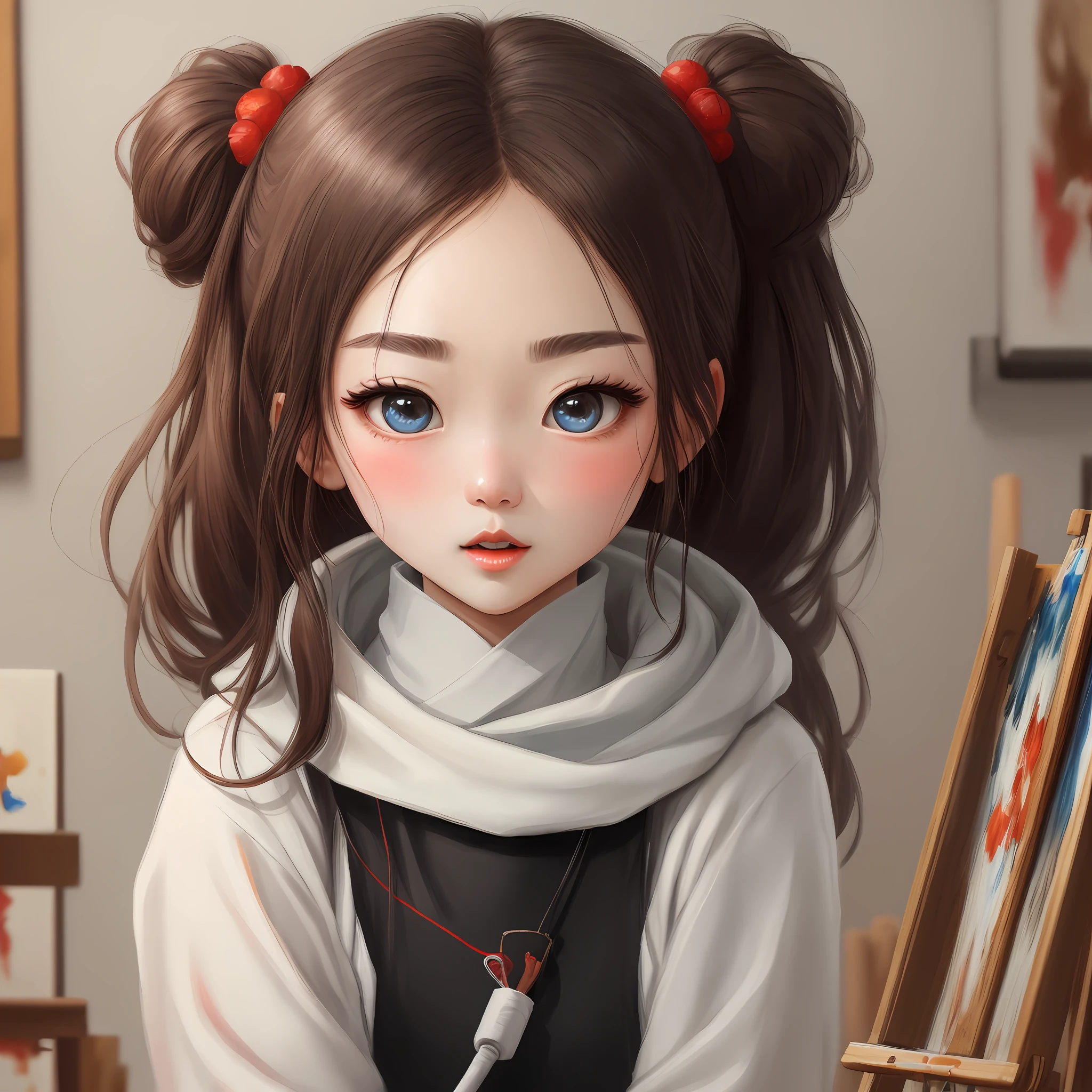 Lovely beautiful girl。Painting style。8K HD quality，Bigchest，Be red in the face。Mouth open，There is transparent mucus on the mouth，Figure-eight eyebrows。perspire。4k HD。Beautiful and detailed eyes。Scared nervous looks。Extensive blush，blackstockings。Warm and cute painting style。Normal humans。Precise proportions