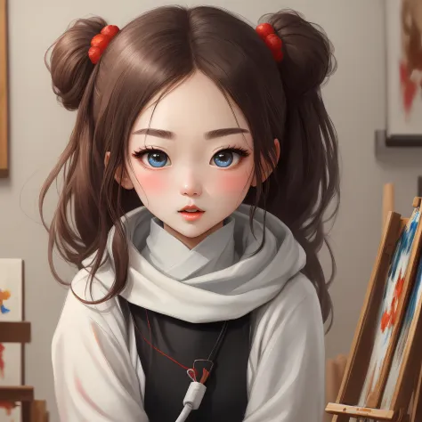 Lovely beautiful girl。Painting style。8K HD quality，Bigchest，Be red in the face。Mouth open，There is transparent mucus on the mouth，Figure-eight eyebrows。perspire。4k高清。Beautiful and detailed eyes。Scared nervous looks。Extensive blush，blackstockings。Warm and c...