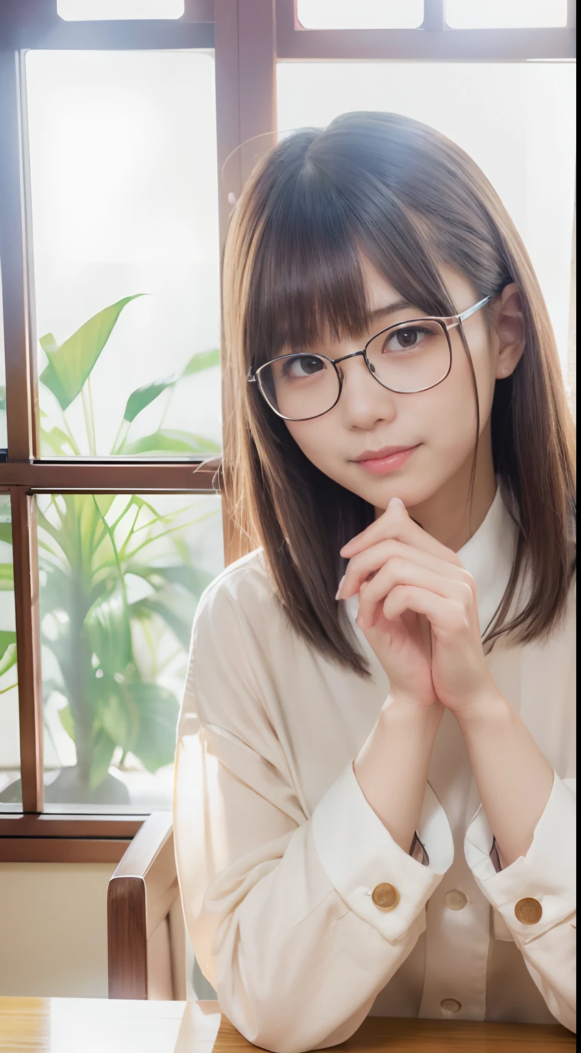 Raw photography、Beautiful Japan woman working at home, 20yr old, Eyeglasses, Dining table、during daytime、A smile、Detailed face, Perfect body ratio, Detailed finger, houseplant, (((photos realistic))), masutepiece, Lace curtains swaying in the wind、simple room, Gold ratio ratio,Curly hair、Short hair