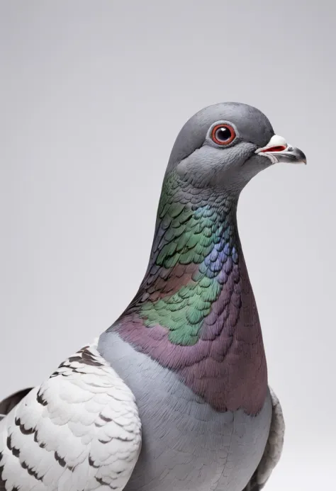 "Generate a realistic photo of a pigeon lying down on a white background, photographed from the front."