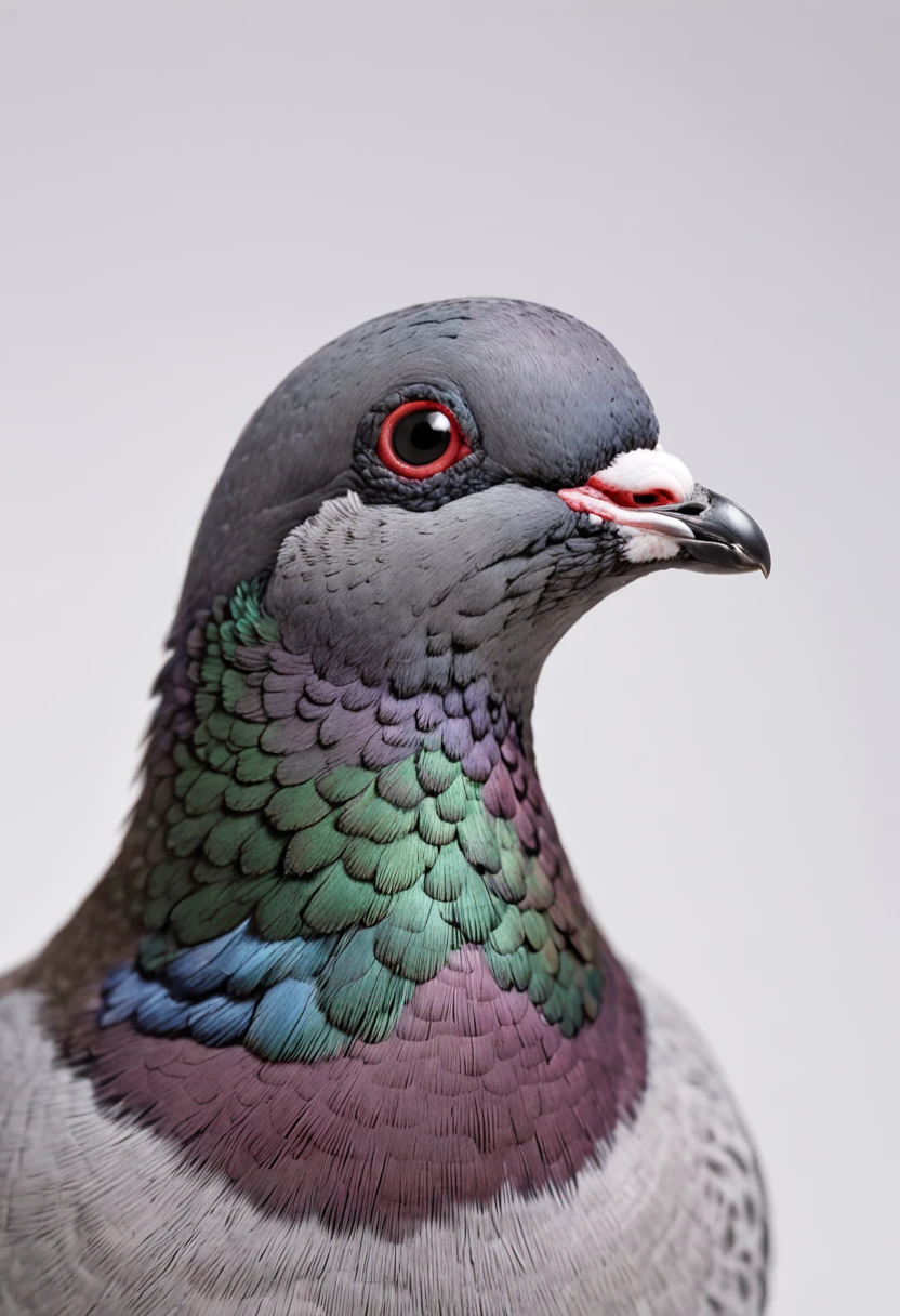 "Generate a realistic photo of a pigeon lying down on a white background, photographed from the front."