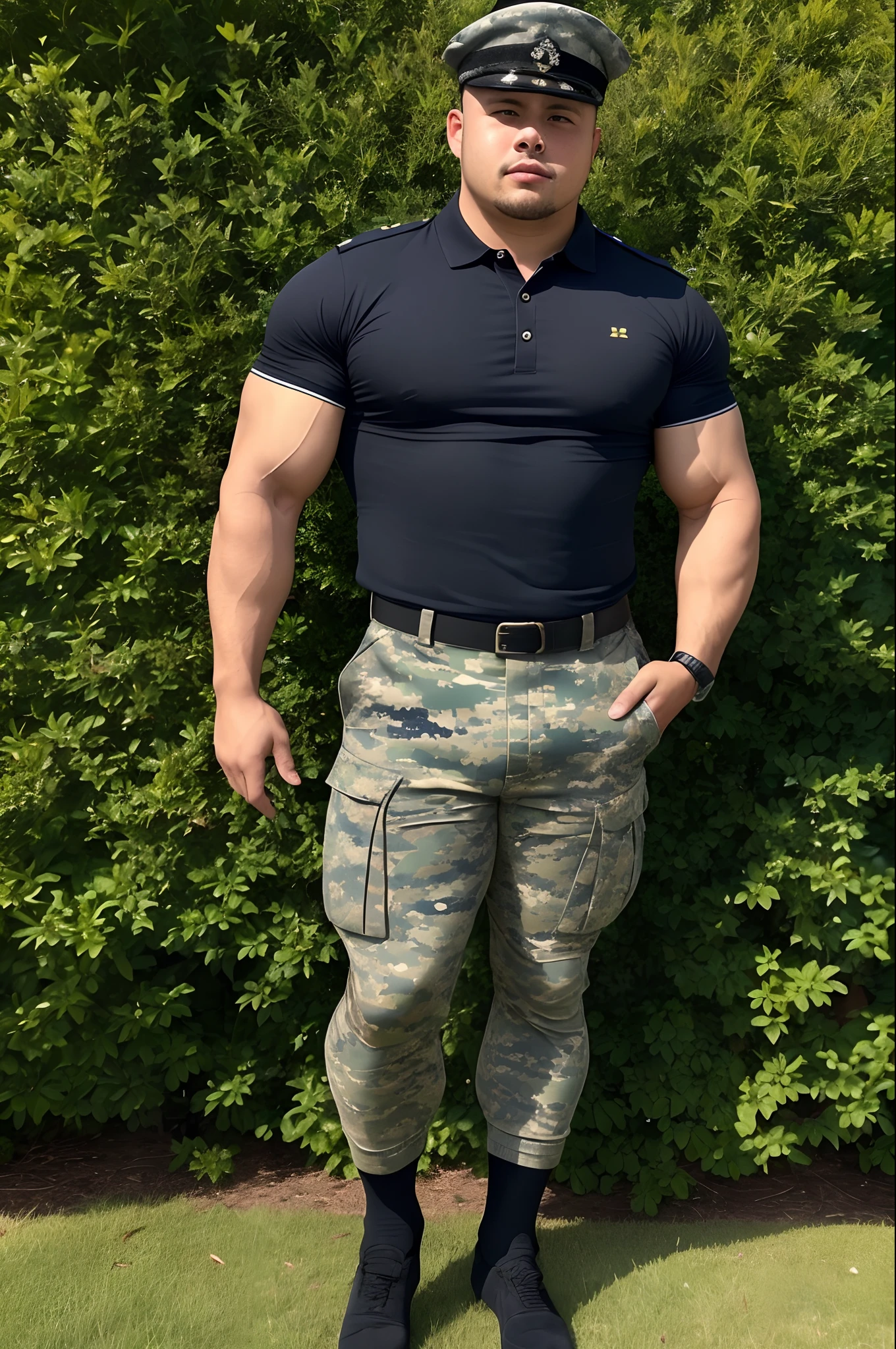A man in military uniform（DARK OPEN POLO SHIRT，Camouflage pants），Height 195，Protruding lower body，Thick large muscles，Black socks