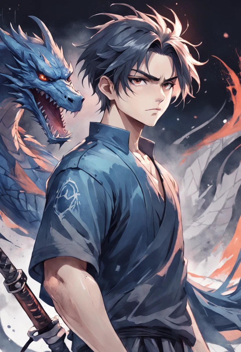 t-shirt design, illustration watercolor, centered art, Dragon background, Watercolor painting style, ))) yasuo , league of legends, yasuo_ (league_of_legends), weapon, 1boy, solo, male focus, sword, greyscale, ponytail, long hair, manly, holding, scar, upper body, incredibly attractive, rita rita rossweisse , gothic colors, mood of tension and terror, Artlist_Milli-Liter, watercolor style, ink style, sketch style, hand-painted lines, Edge line, ink mark, Pencil line, vivid colors, 1boy, upper body, stunningly attractive, Rita rita rossweisse,