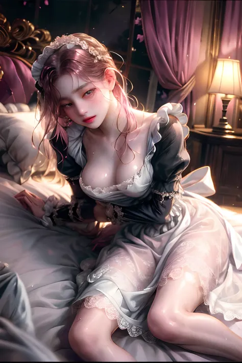 Young maid of one of the nobles、((Viewer's Perspective))、(((Monotone Maid Clothes)))Normal breasts、sweat-wet skin、on the beds、Wide legs open、((Brothels))、(((Pink lighting)))