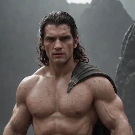 (Renderizado 3D profesional:1.3) de (realista:1.3) The most beautiful art photo in the world，Features male heroes (Henry Cavill)  suaves y brillantes, ((Epic hero fantasy muscular rough man wet hero angry look long hair short beard and fierce expression in...