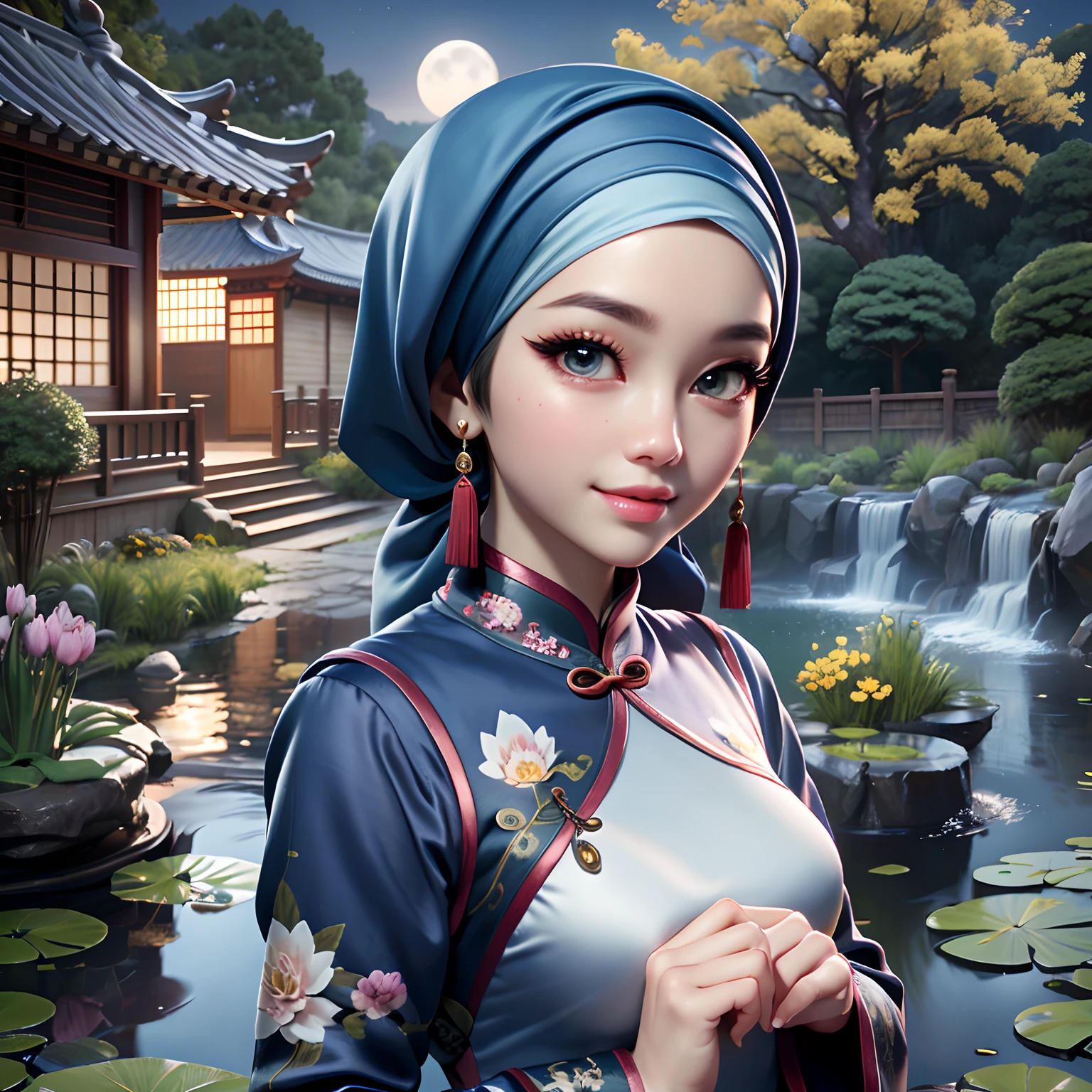 Masterpiece, Best Quality, 3D Rip Artwork, 3DMM Style, Portrait, Realism, a woman beautifully makeup, eyeshadow, Parted Lips, Detailed Eyes, beautiful big eyes, long eye lashes, smile wearing ((gray satin headscarf)), loosely tide hijab style, ((blue satin long sleeves cheongsam)), walking in followers garden, Chinese Ancient Architecture、Hazy moon、the night、trpical garden、bamboos、lakes、Stone、rockery、archs、nooks、rockery、The tree、flowingwater、scenecy、exteriors、waterfallr、grassy fields、Rochas、water lilies、hot onsen、water vapour、（illustratio：1.0）、Epic composition、Detail Enhancement，Detail enhancement。Realistic lighting