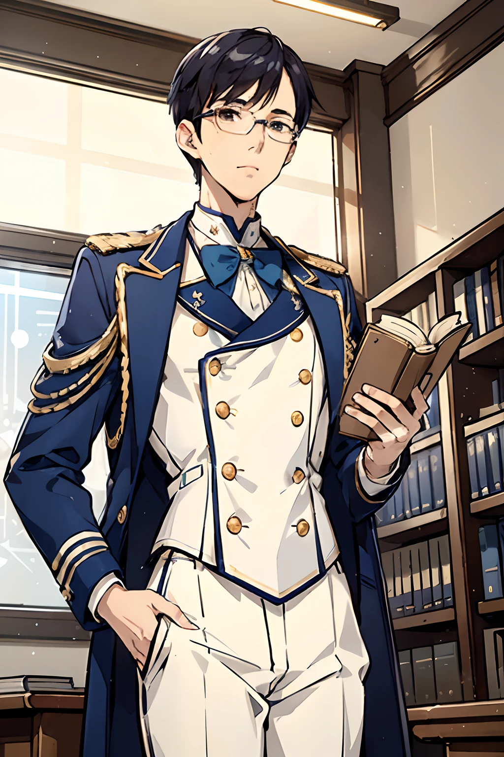 Elite , blue white gold uniform, dark blue pants, white double-breasted style jacket, gold buttons, blue accents, young men, 20 years, short back hair, glasses, skinny, light brown eyes, weak, tall, nerd, shy, books in hand, masterpiece, classroom background, school