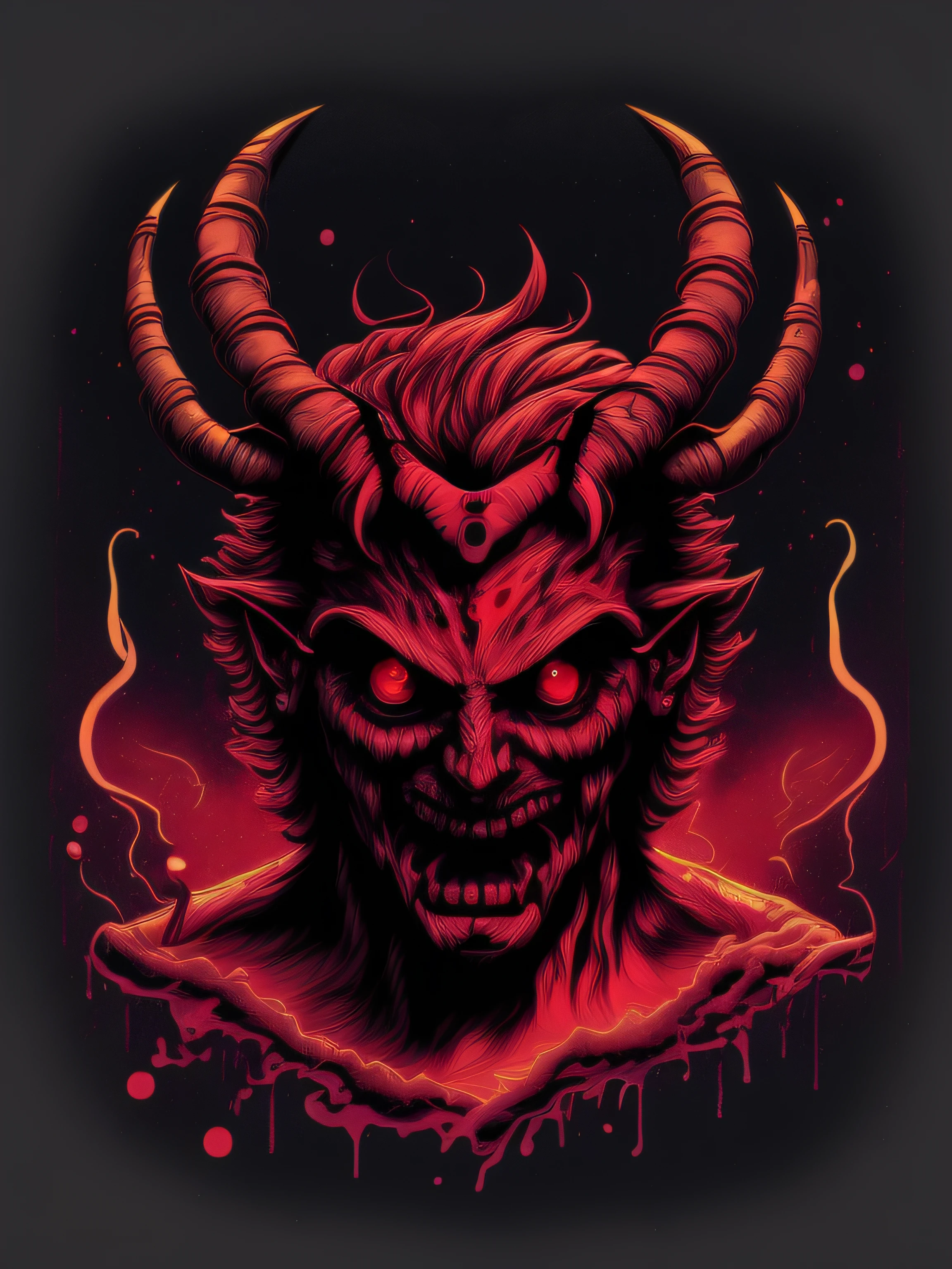 the high detailed t-shirt vector illustration of the appalling face of the Satan, ,frightening, fearsome, t-shirt design, neon red color , dark splash, dark, ghotic, t-shirt design, in the style of Studio Ghibli, pastel tetradic colors, 2D vector art, cute and quirky, fantasy art, watercolor effect, bokeh, Adobe Illustrator, hand-drawn, digital painting, low-poly, soft lighting, bird's-eye view, isometric style, retro aesthetic, focused on the character, 4K resolution, photorealistic rendering, using Cinema 4D