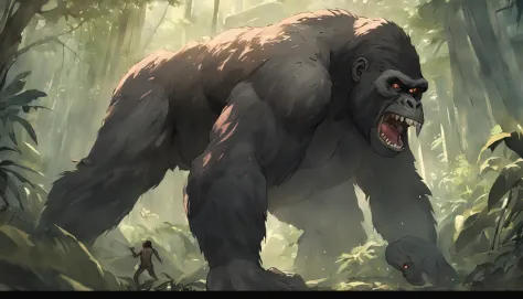 King Kong and dinosaurs fight，jungles，full bodyesbian，remote，of a real，Facial features are carefully depicted，Realistic skin texture，Dark style，depth of fields，high light，Real light，Ray traching，oc rendered，Hyper-realistic，best qualtiy，8K，Works of masters，...