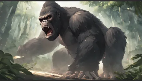 King Kong and dinosaurs fight，jungles，full bodyesbian，remote，of a real，Facial features are carefully depicted，Realistic skin texture，Dark style，depth of fields，high light，Real light，Ray traching，oc rendered，Hyper-realistic，best qualtiy，8K，Works of masters，...