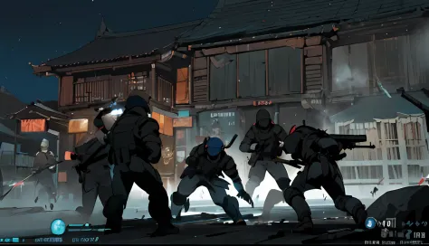 a group of people in front of a building at night, squad fighting the enemy, no jogo, in - jogo, no jogo, Roblox Captura de tela...