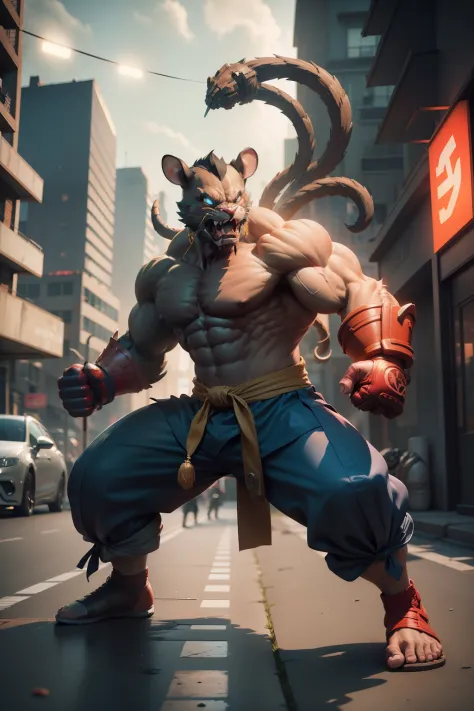 street-fighter, rat-head, building-background, masterpiece, 3d render, high quality, high detailed, epic, dynamic effect, specular lighting, hdr, 8k full body picture quality, nanite raytraced, 8k resolution, intricate, dramatic, best quality, ultra high r...