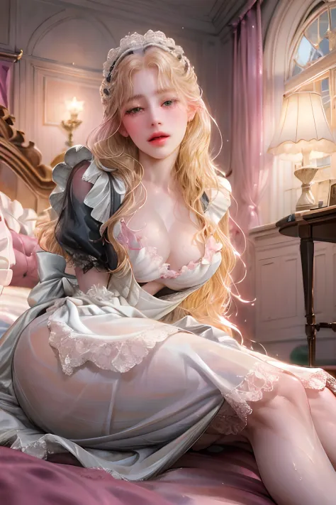 Young maid of one of the nobles、((((blonde  hair))))、((Viewer's Perspective))、(((Monotone Maid Clothes)))Normal breasts、sweat-wet skin、on the beds、Wide legs open、((Brothels))、(((Pink lighting)))