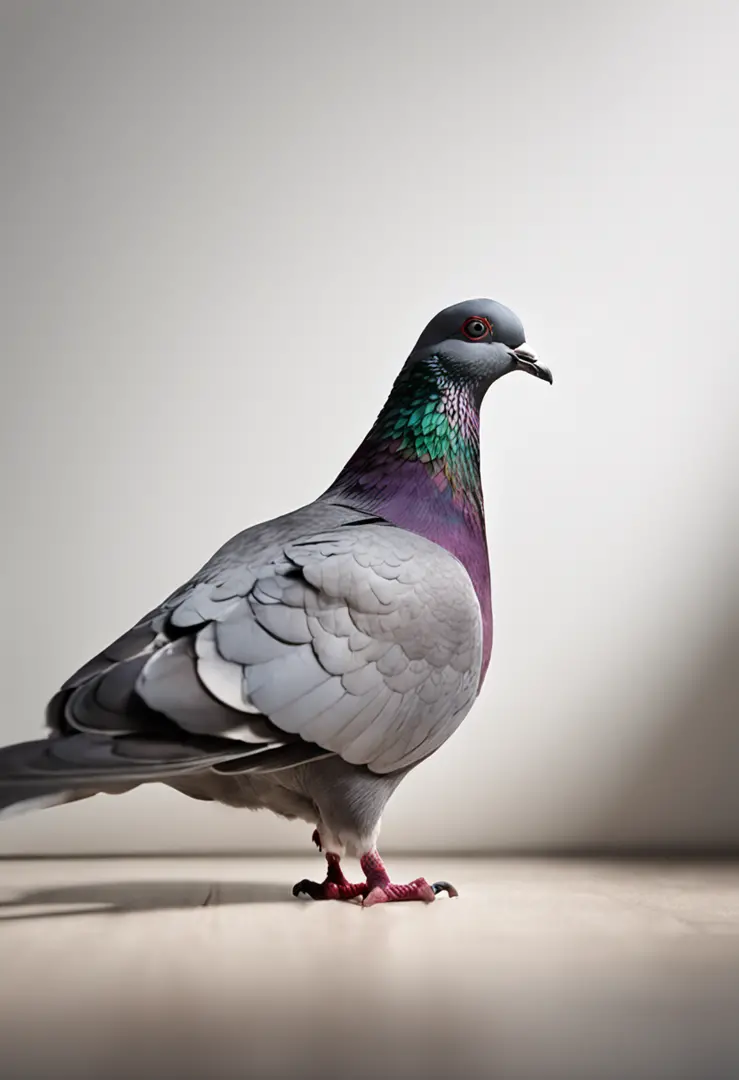 "Create a lifelike image of a urban pigeon, lying down in a relaxed pose, captured from the front, set against a clean white background."