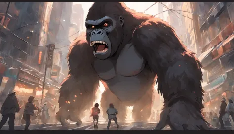 King Kong and dinosaurs fight，城市，full bodyesbian，remote，of a real，Facial features are carefully depicted，Realistic skin texture，Dark style，depth of fields，high light，Real light，Ray traching，oc rendered，Hyper-realistic，best qualtiy，8K，Works of masters，super...