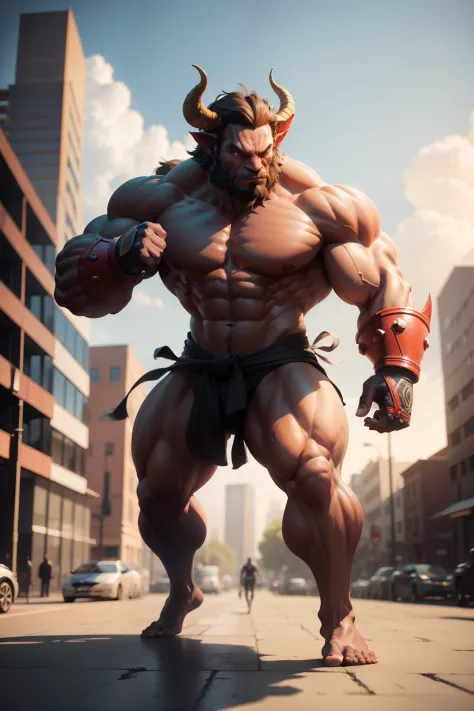 street-fighter, minotaur-head, building-background, masterpiece, 3d render, high quality, high detailed, epic, dynamic effect, specular lighting, hdr, 8k full body picture quality, nanite raytraced, 8k resolution, intricate, dramatic, best quality, ultra h...