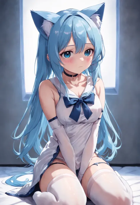 Blue hair, Girly, Half, Thighs, Shy, Cat ears, Blank background of white stockings