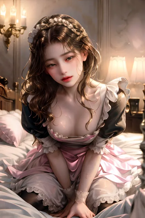 Young maid of one of the nobles、((((brown haired))))、((Viewer's Perspective))、(((Monotone Maid Clothes)))Normal breasts、sweat-wet skin、on the beds、Wide legs open、((Brothels))、(((Pink lighting)))