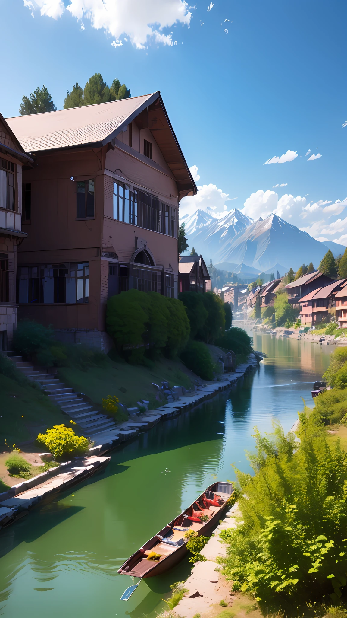 Wide Angle, Gopro Shot, A highly detailed photograph from future Kashmir Srinagar, Improved Retro Buildings , Highly Detailed Cars,High tech houses , houses on water, 8k Ultra , unreal engine trend, award winning