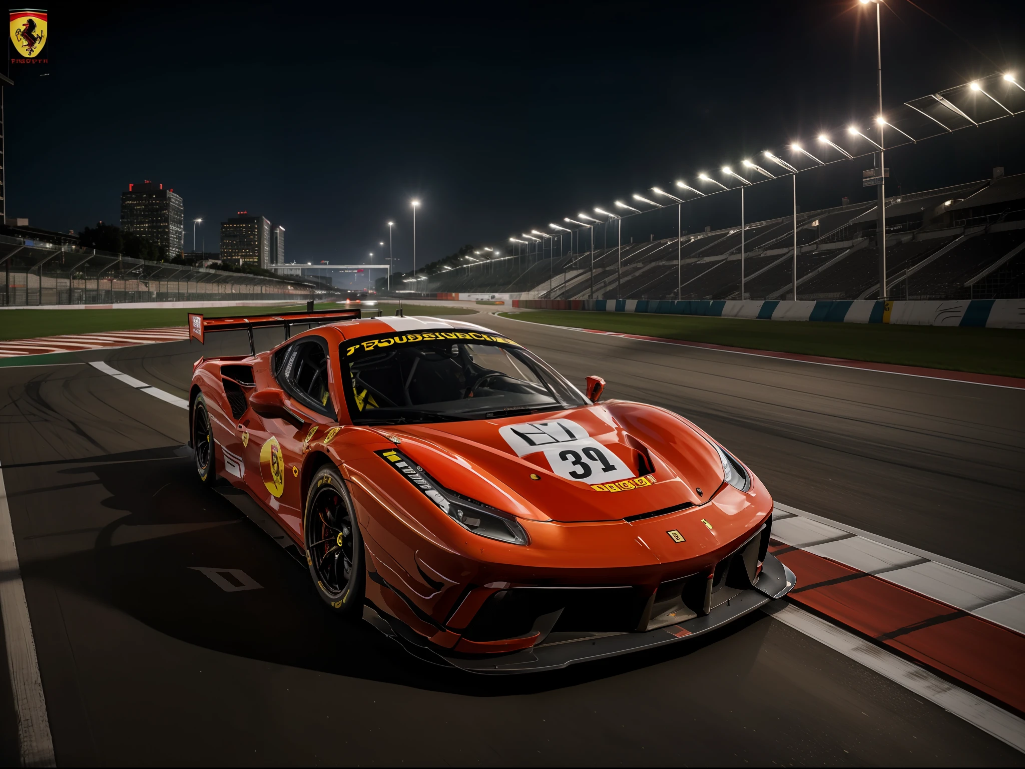 "an Quority(ferrari 488 gt3)Racing cars race around the city circuit at night，A breath of blood and speed。"
