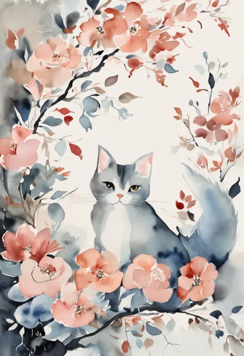 catss, Main color Black, Secondary colorBlue, Pastel pink background, artistic, Sophisticated, Warm style, Shapes include abstract cats, Playful forms, Elegant piece, Textures include fur textures, Smooth paint, Texture of the fabric, The lines contain gra...